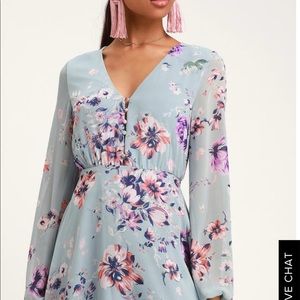 Lulus - Light Blue Floral Print Long Sleeve Dress
